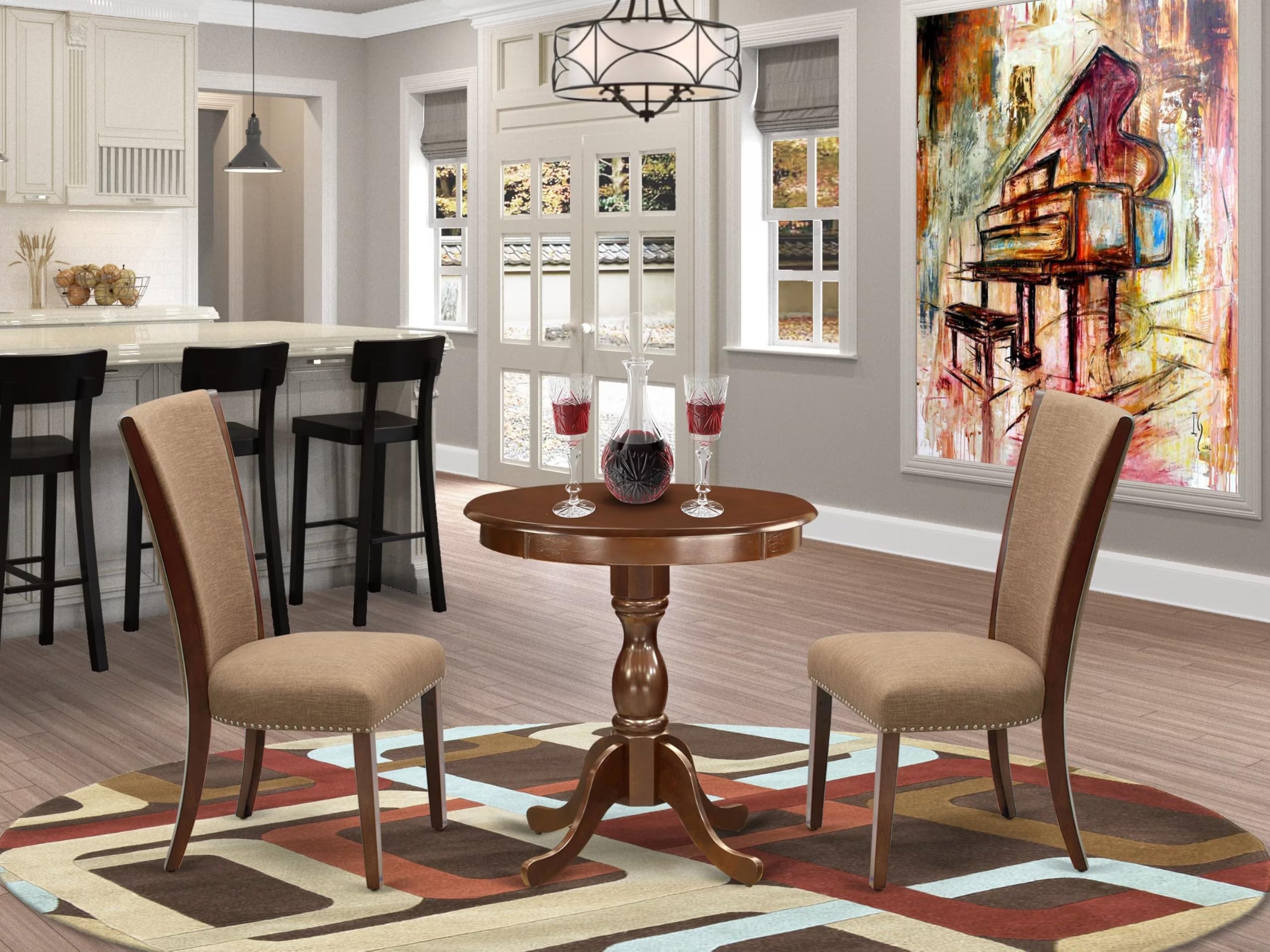 East West Furniture Esve3-Mah-47 3 Piece Modern Dining Table Set Contains A Round Wooden Table And 2 Light Sable Linen Fabric Upholstered Chairs, 30X30 Inch, Mahogany